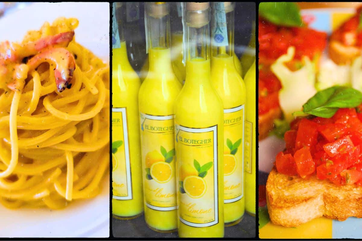 Images of spaghetti carbonara, tomato bruschetta and bottles of limoncello