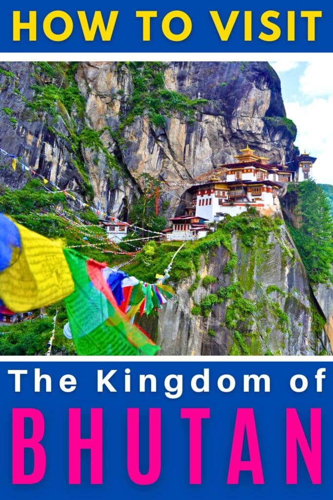 Image of Bhutan's Tiger's Nest monastery perched high on a cliff with colorful prayer flags strung across the mountain to the monastery.