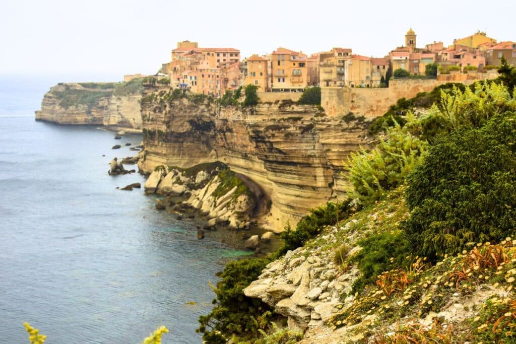 The clifftop village of Bonifacio overhanging the sea in Corsica