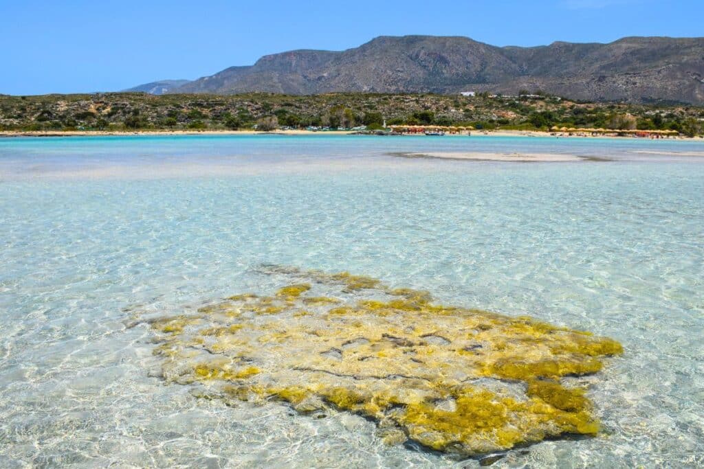 A vast shallow turquoise lagoon at Elafonissi Beach Crete