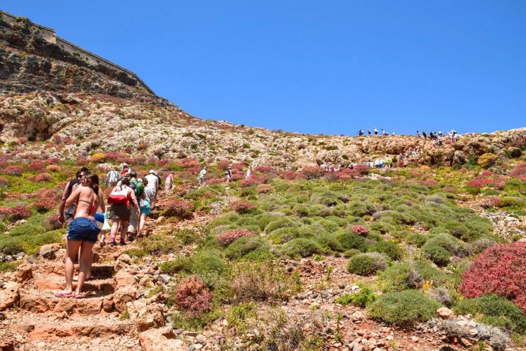 Visitors climb up a stone stairway through red and green shrubs to reach a hilltop fortress in Crete