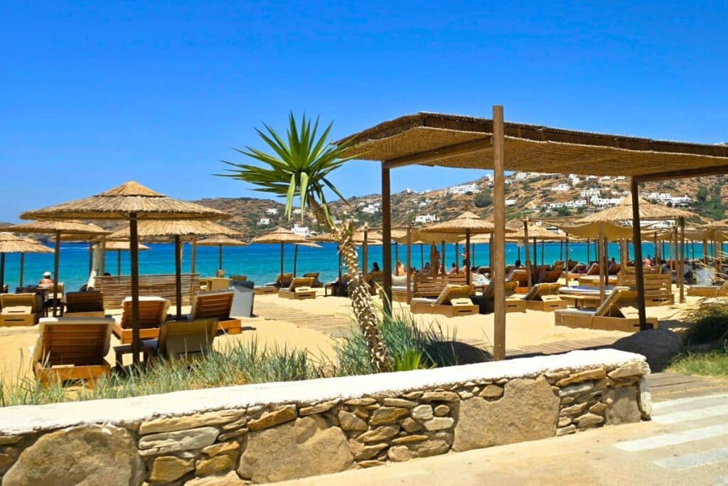 Sunbeds on Mylopotas Beach