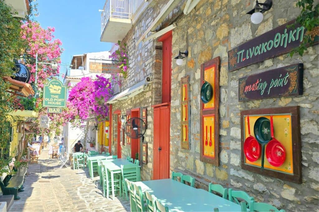 Colorful streets of the Old Port on Skiathos