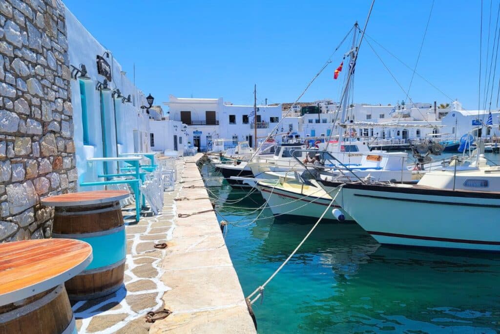 Fishing boats line the harbor of the fishing village of Naousa Paros Greece