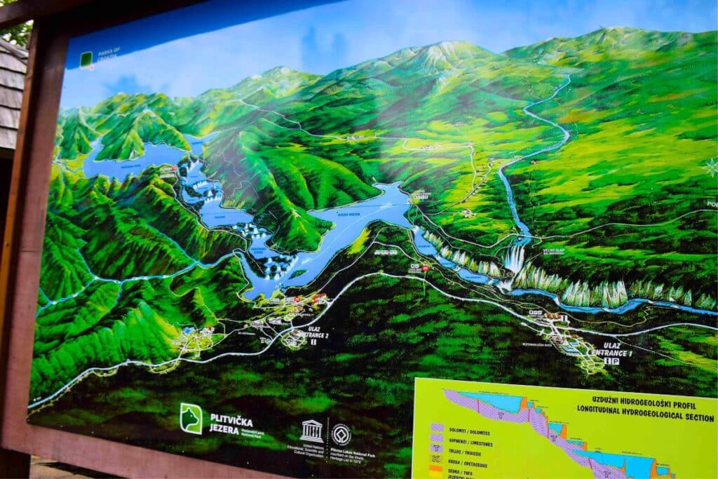 A detailed map of Plitvice Lakes National Park near the park's entrance