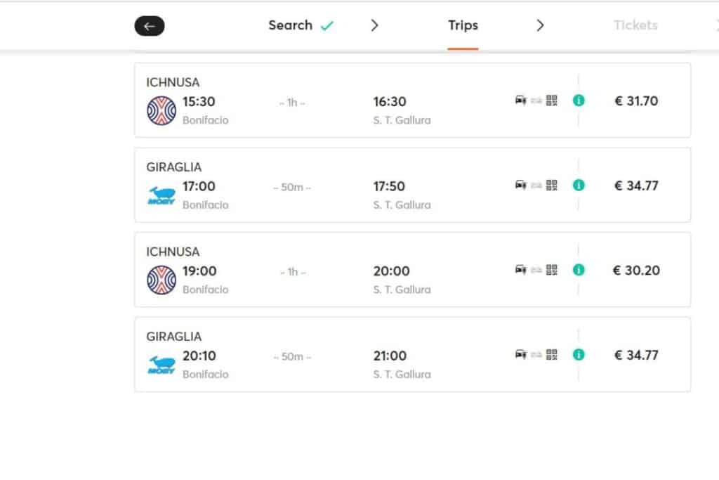 A screenshot of return ferry times from Corsica to Sardinia