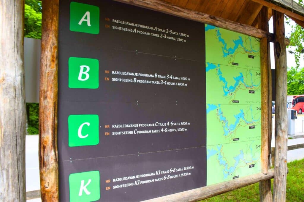A freestanding map of the Sightseeing Trail Options at Plitvice Lakes Croatia