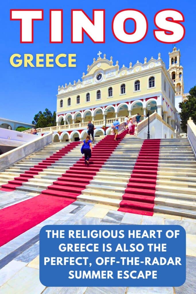 Image of the Church of Panagia Evangelistria on Tinos Island Greece with red carpet runners going up the staircase to the church