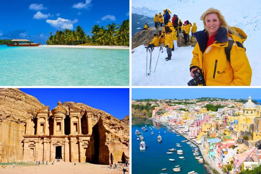 Bucket list travel destinations around the world including the South Pacific, Antarctica, Petra Jordan and Procida Italy