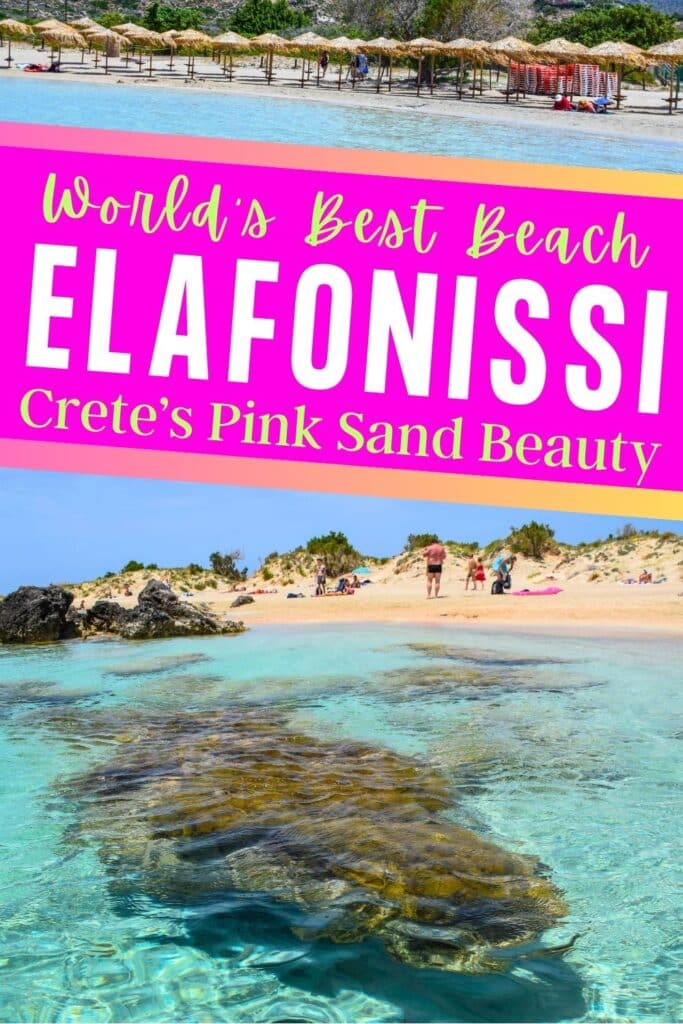Images of thatched beach umbrellas on pink sand with clear turquoise waters at Elafonisi Beach Crete